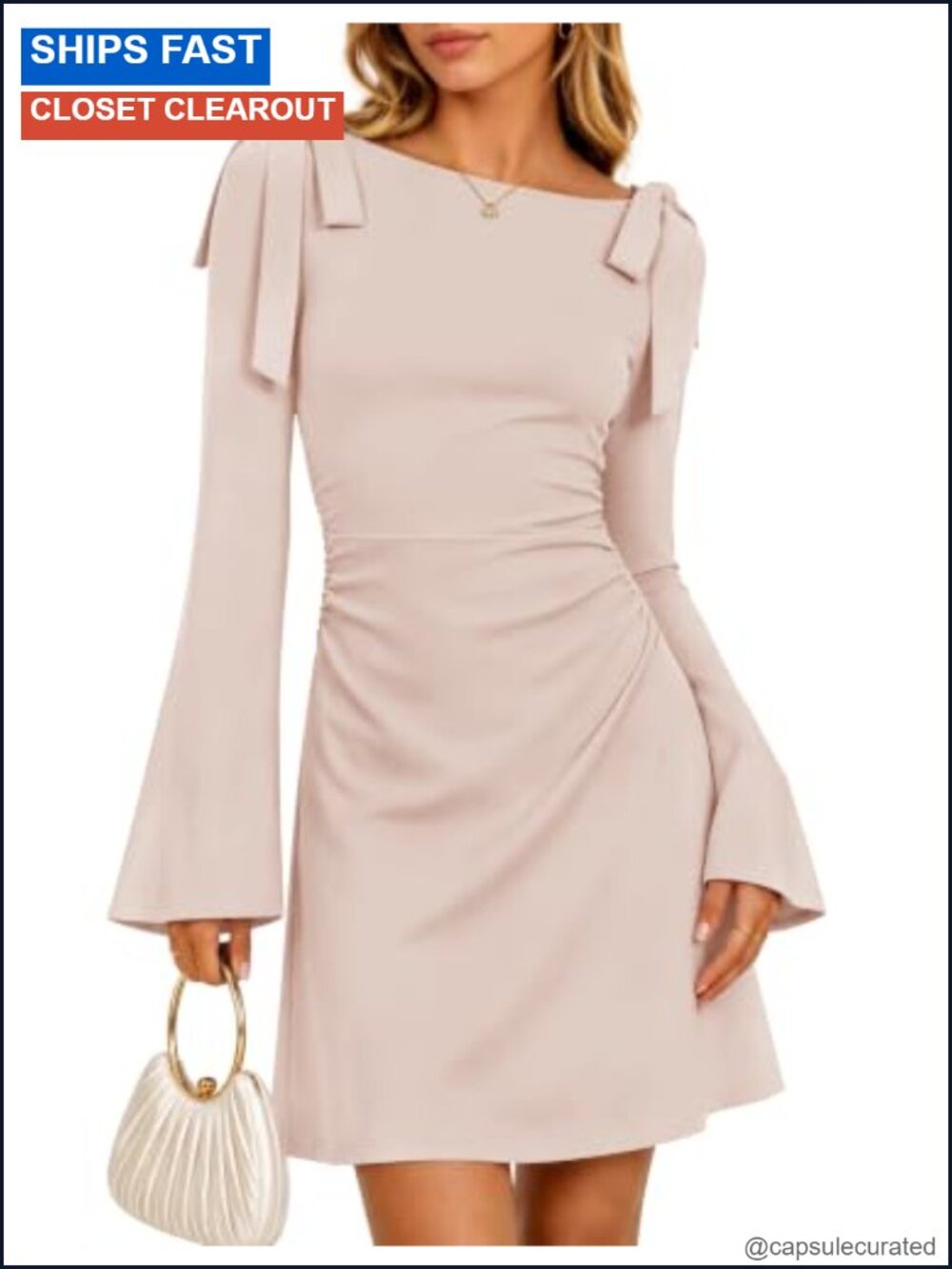 Long Sleeve Tie Shoulder Ruched Bodycon Mini Dress Fall Party
